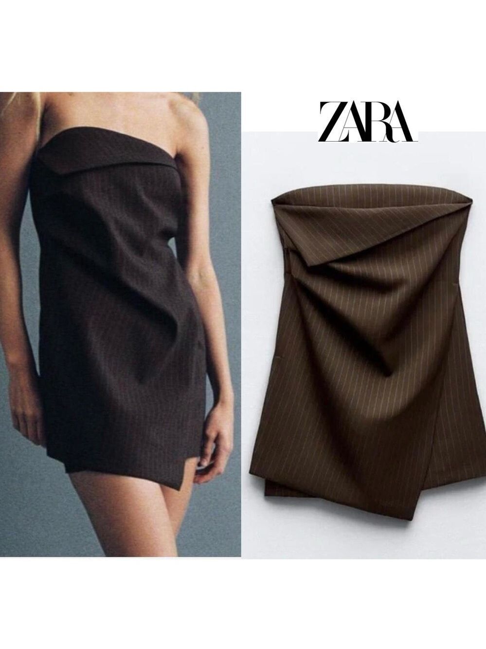 Zara brown blue micro pinstripe strapless mini dress Sz S NWOT new without tag
